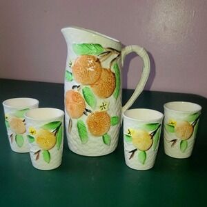 Oranges & Blossoms Juice‎ Pitcher and Glasses Vintage Napcoware